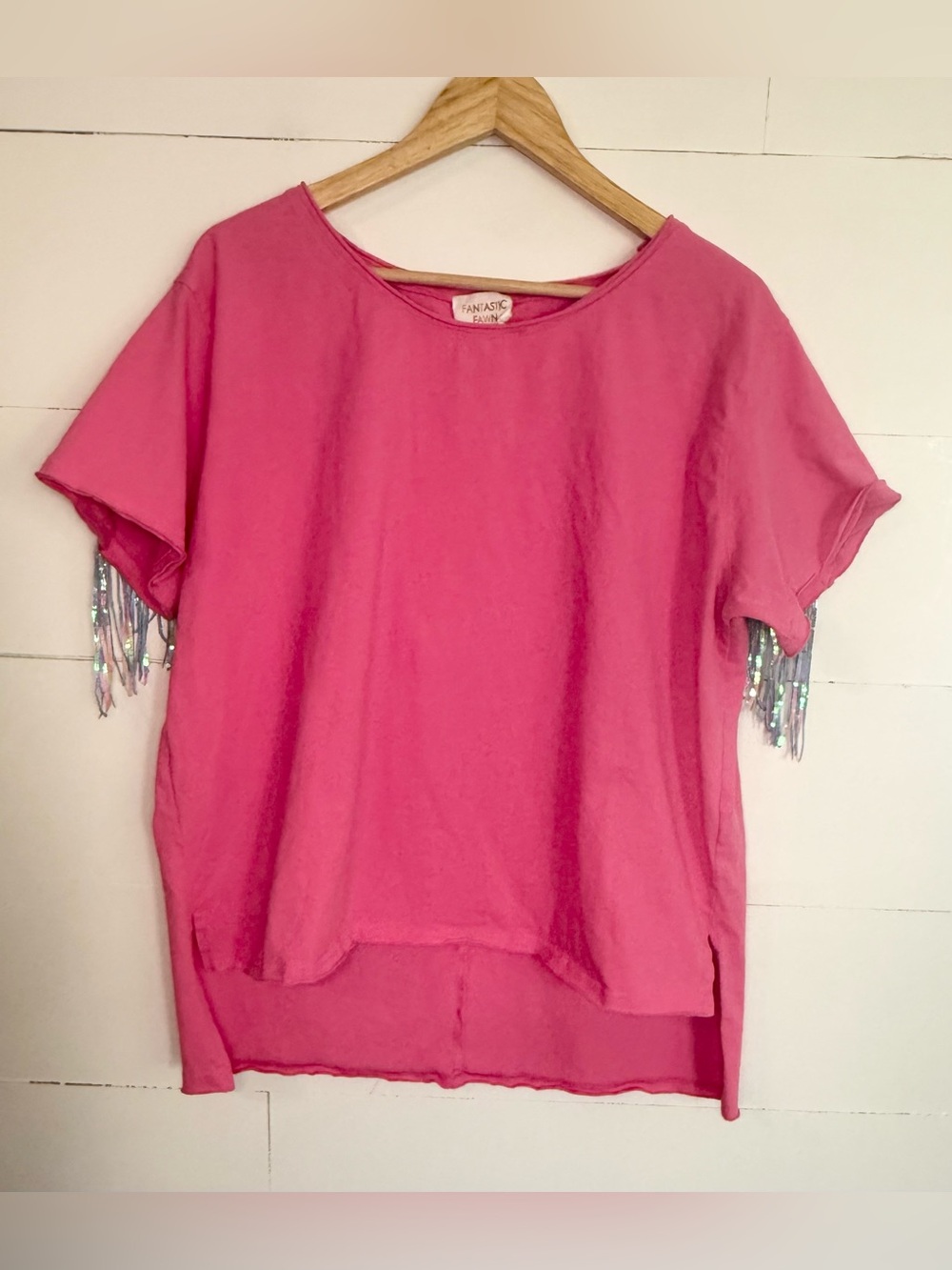 Fantastic Fawn Hot Pink Short Sleeve Top with Sequin Fringe